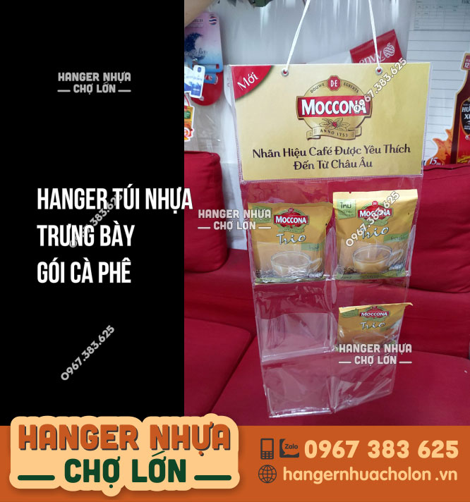 Hanger túi nhựa  quảng cáo trưng bày gói Cà phê Moccona
